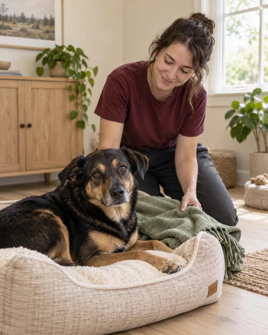 A caregiver arranging a familiar blanket beside a relaxed dog in its bed