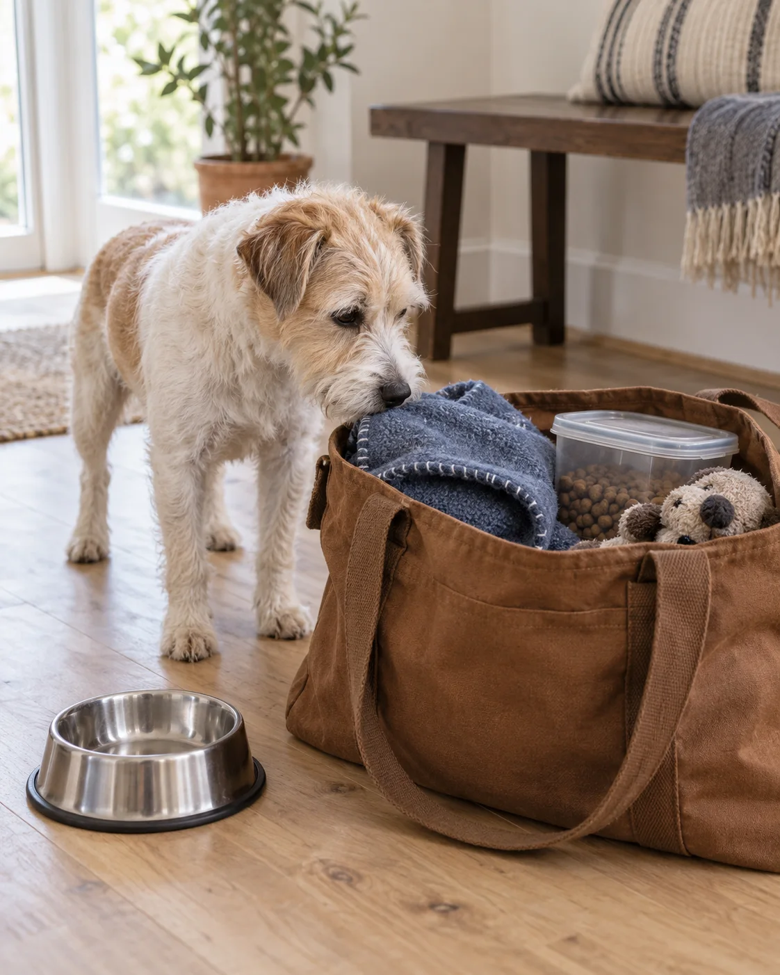 A terrier sniffing its familiar blanket beside a packed travel tote and bowl