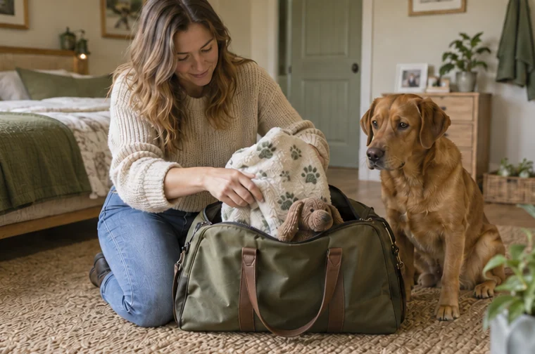 An owner packing familiar belongings beside their dog at home