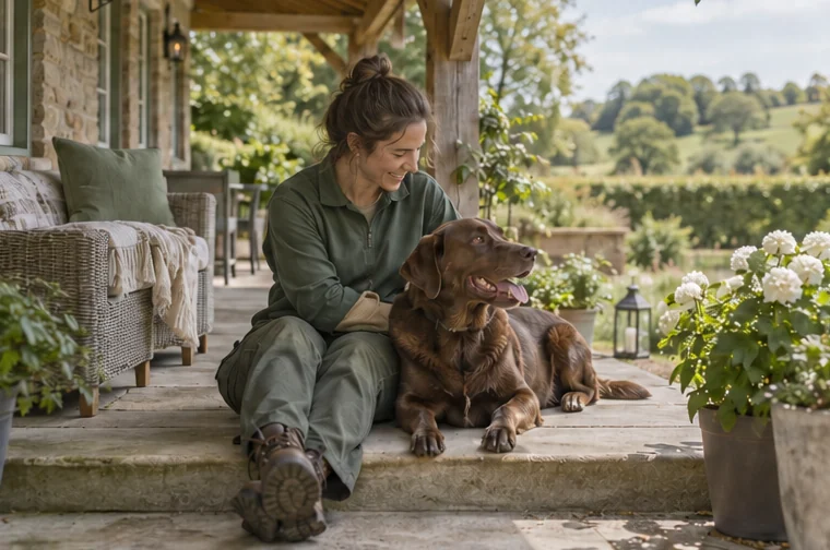 A caregiver resting beside a brown dog on a sheltered garden porch