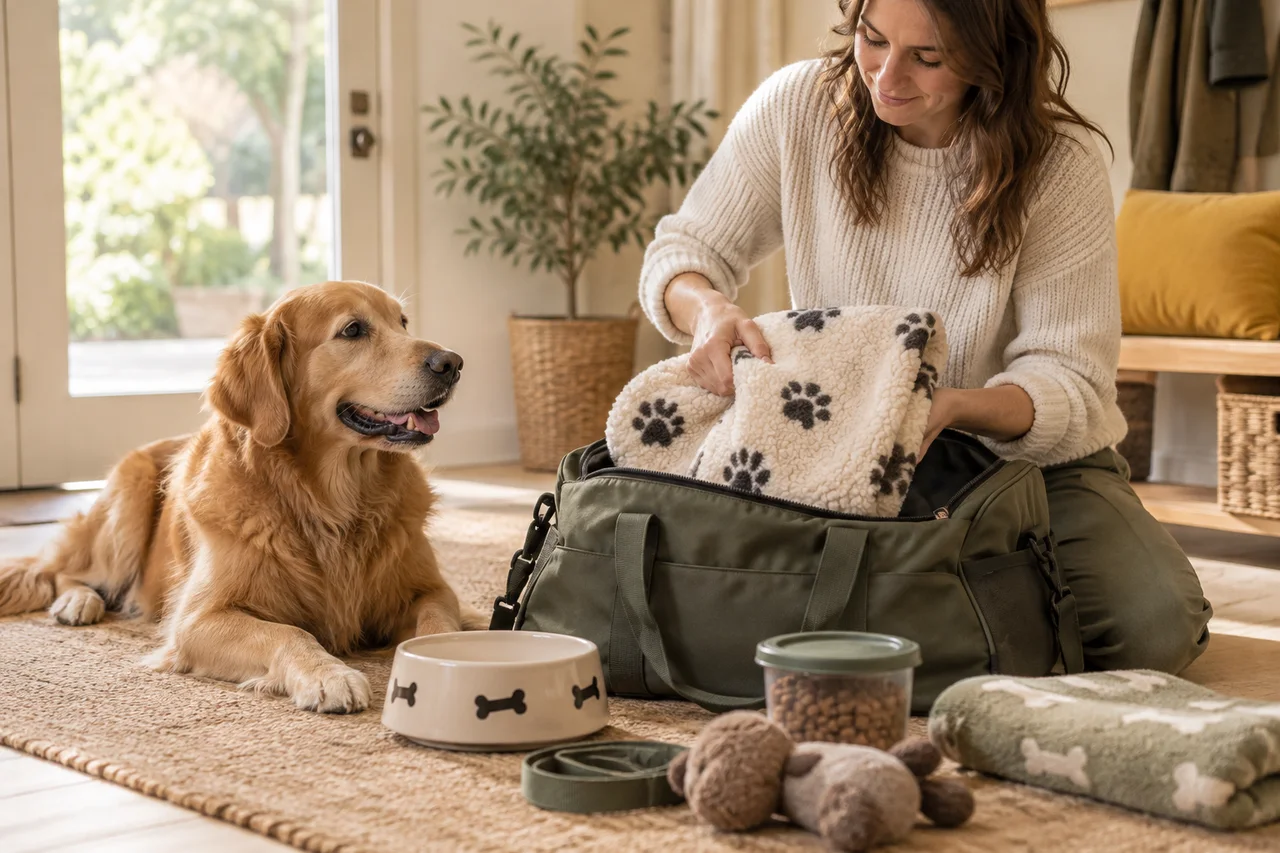 A woman packing familiar bedding beside a golden dog