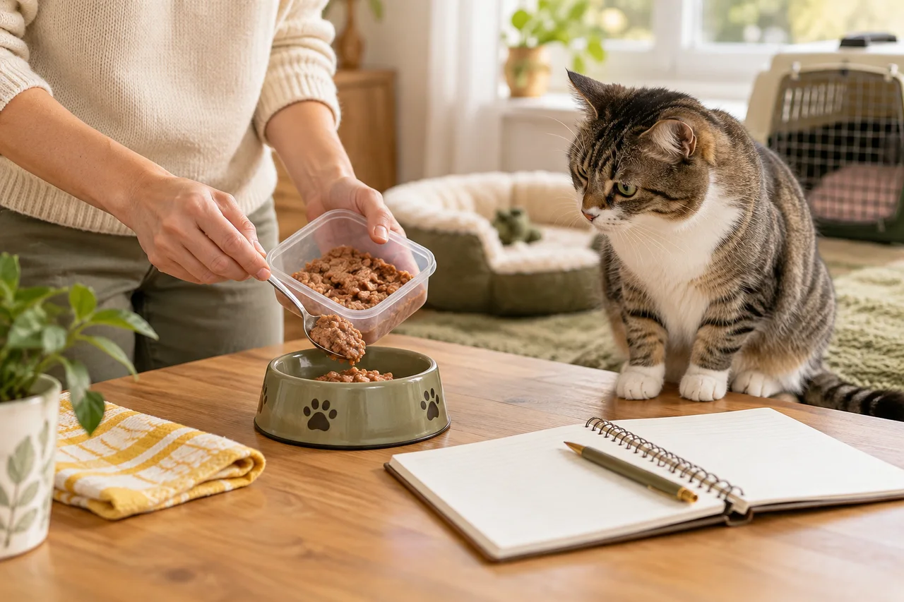 A cat’s familiar food, bowl and an open notebook prepared for feeding notes