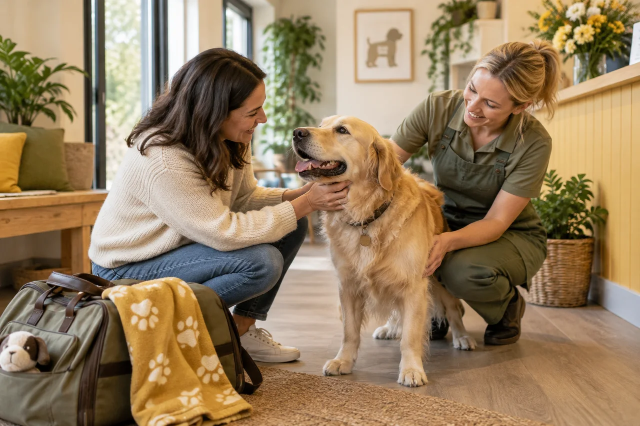 An owner and caregiver discussing a boarding handover beside a relaxed dog