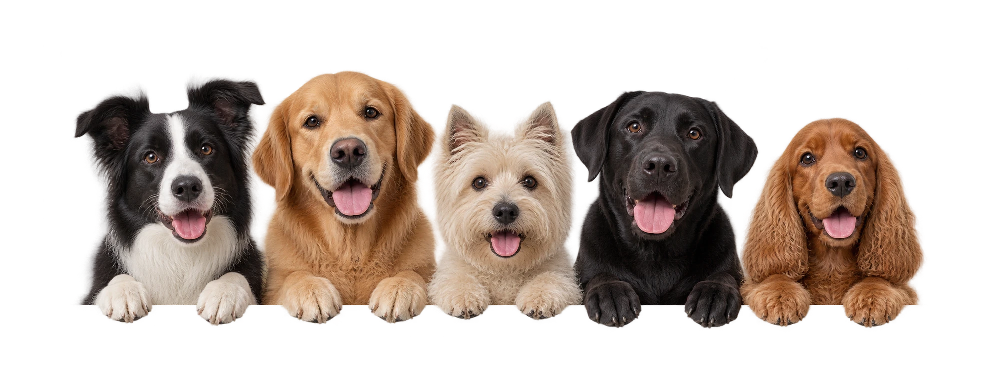 Five friendly dogs resting their front paws side by side